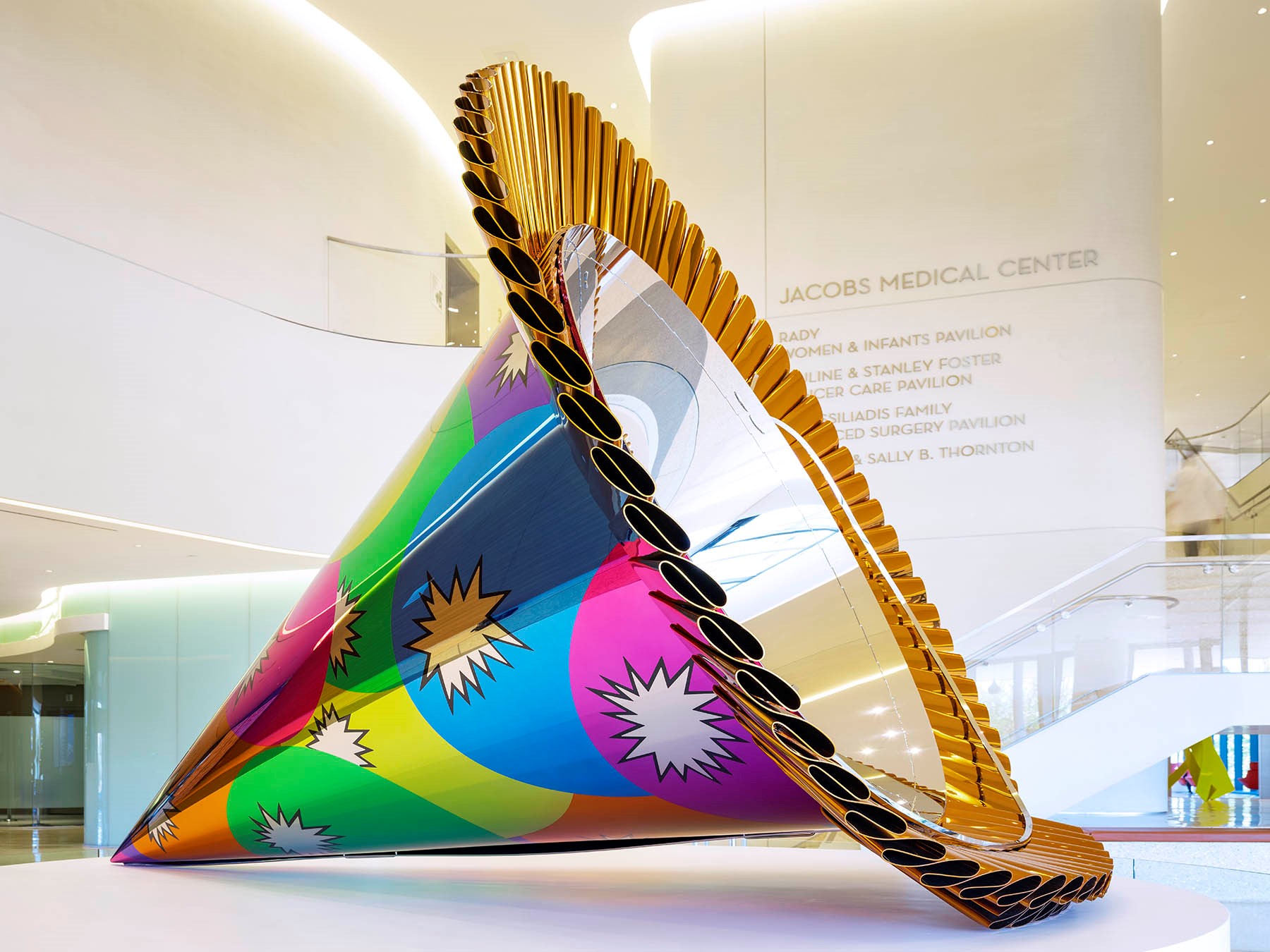 brightly colored party hat sculpture